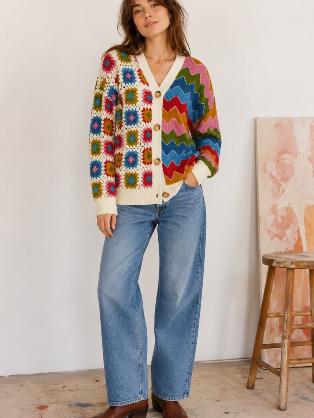 Farm Rio Crochet Mixed Abstract Button Front Indie Cardigan Sweater Boho Artsy M